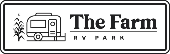 Logo for "The Farm RV Park" featuring an illustration of a camper and corn stalks.
