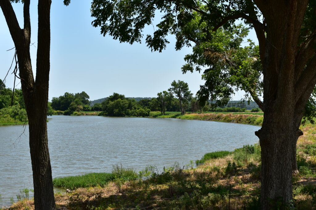 A calm river flows between two trees under a clear sky, surrounded by green vegetation.